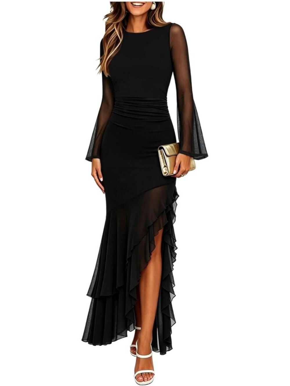 Women's Black Bodycon Mermaid Cocktail Long Sleeve Formal Wedding Maxi Dresses
